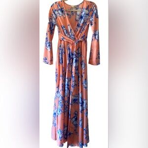 Ricarica Long Sleeve Coral with blue Floral Print Maxi Dress